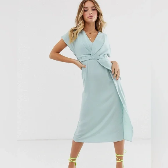 knee length dresses for ladies Rent ASOS DESIGN Tall Drape Twist Front Bandeau Maxi Dress With Invisible  Mesh In Rust main image 1